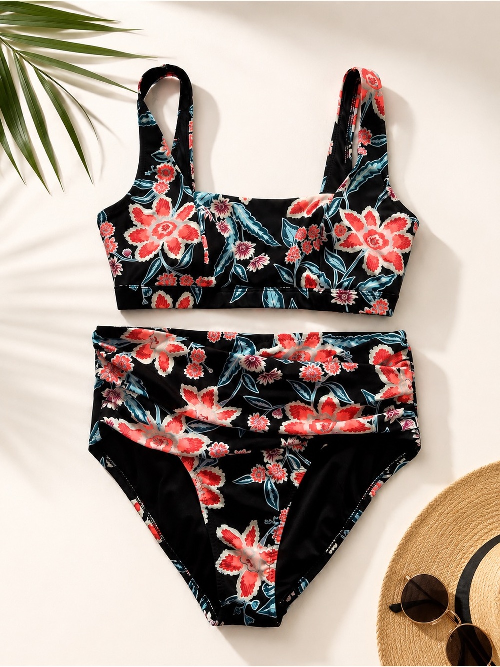 Floral High-Waist Bikini Set - Black with Red & Teal Flowers